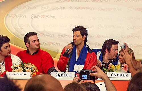Sakis Rouvas speaking at the Eurovision press conference in Istanbul, May 2004.