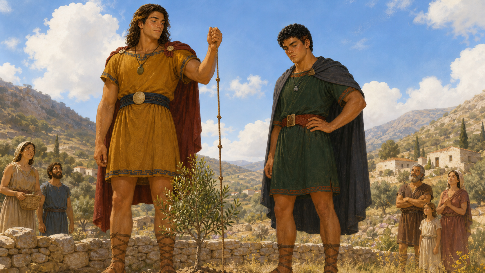 Οι δύο πολύ ψηλοί έφηβοι μετρούν το ύψος τους δίπλα σε μια νεαρή ελιά, ενώ οι άνθρωποι του χωριού τούς κοιτούν έκπληκτοι.