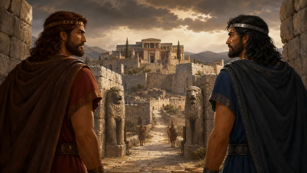 Ο Ατρέας και ο Θυέστης κοιτάζουν ο ένας τον άλλο μπροστά στις Μυκήνες.