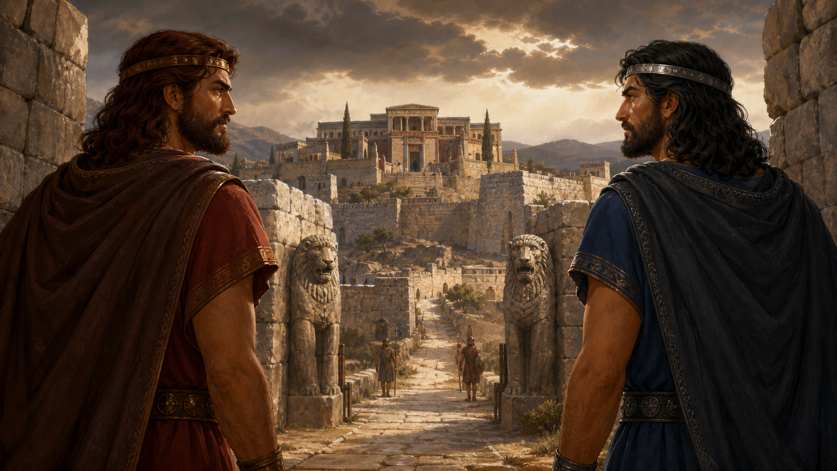 Ο Ατρέας και ο Θυέστης κοιτάζουν ο ένας τον άλλο μπροστά στις Μυκήνες.