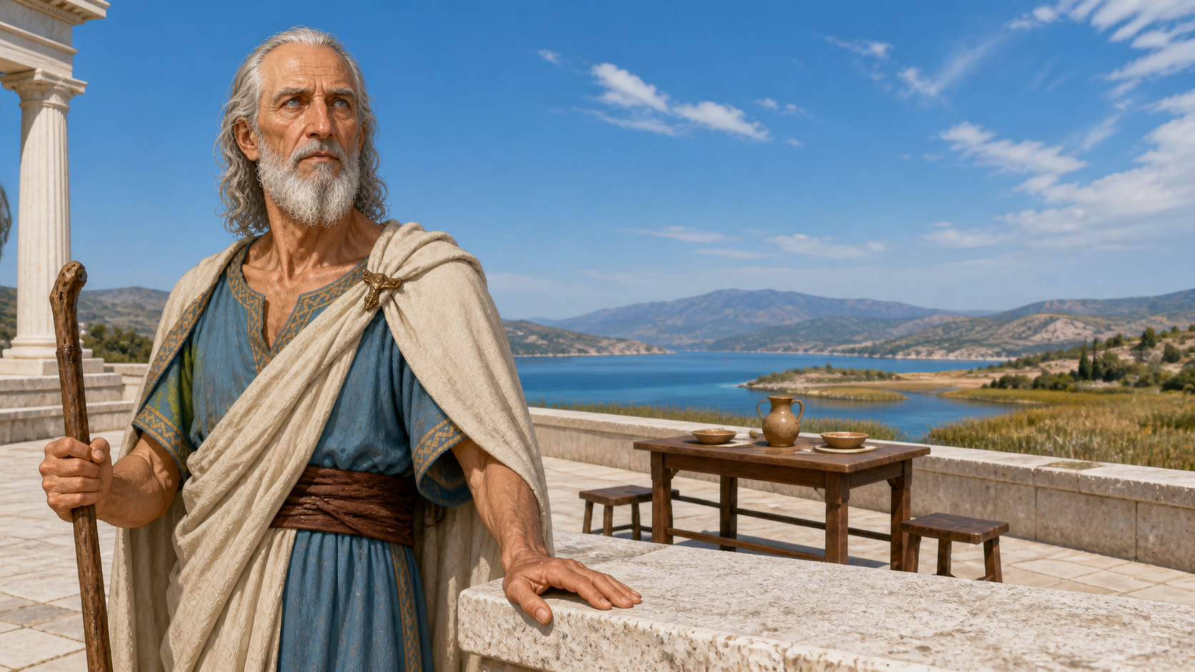 Ο ηλικιωμένος Φινέας στέκεται με το ραβδί του σε φωτεινή βεράντα πάνω από τη θρακική ακτή.