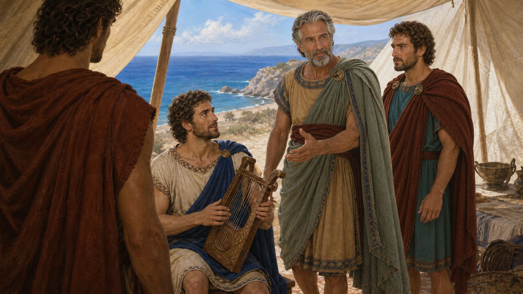 Ο Αχιλλέας κρατά τη λύρα, ενώ ο Φοίνικας, ο Οδυσσέας και ένας πλάτη-γυρισμένος Αίαντας μπαίνουν στη φωτεινή σκηνή.