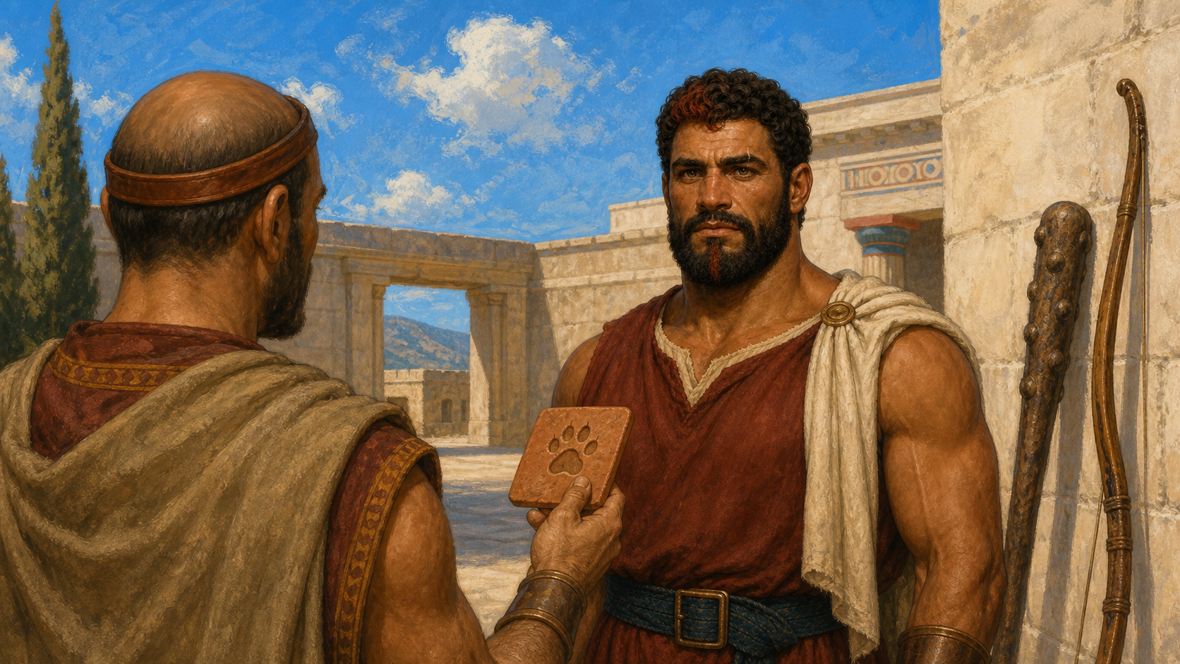 Ο Ηρακλής ακούει την αποστολή σε μια φωτεινή αυλή της Τίρυνθας.