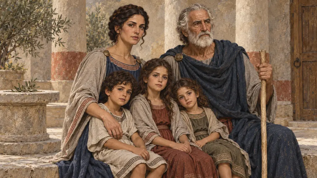 Η Μεγάρα και ο Αμφιτρύων κάθονται με τα τρία παιδιά σε ασφαλή αυλή γύρω από έναν χαμηλό βωμό.