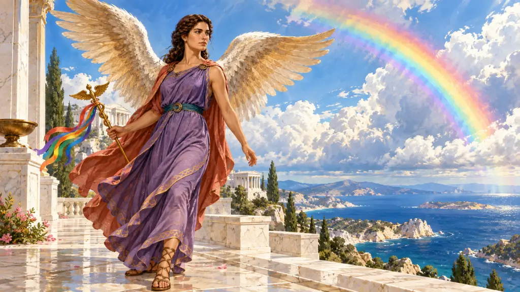 Η Ίριδα στέκεται στον Όλυμπο μπροστά σε ένα ουράνιο τόξο