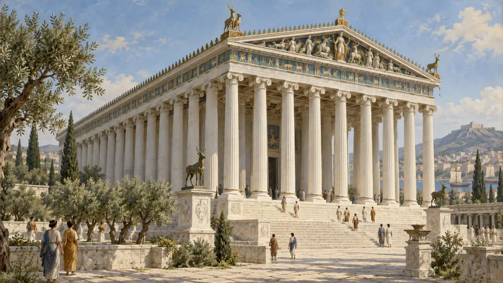 Το μεγάλο Αρτεμίσιο λάμπει ήρεμα ανάμεσα σε ψηλούς ιωνικούς κίονες και ελαιόδεντρα.