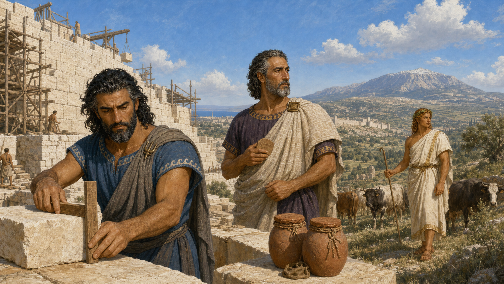 Ο Ποσειδώνας μετρά έναν λίθο, ο Λαομέδων κρατά την πινακίδα της συμφωνίας και ο Απόλλωνας φυλά τα κοπάδια στην Ίδη.