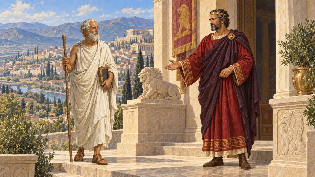Ο Σόλων φτάνει με το ραβδί και την πινακίδα του στην πύλη των Σάρδεων, όπου τον υποδέχεται ο Κροίσος.
