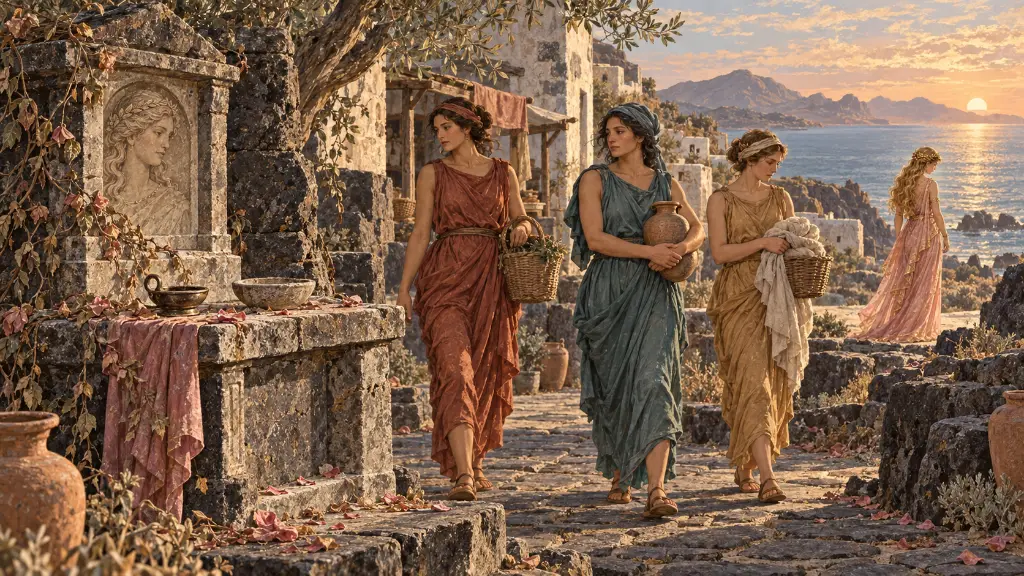 Γυναίκες περνούν δίπλα από ένα παραμελημένο σβηστό ιερό, ενώ η Αφροδίτη αποσύρεται στο βάθος.