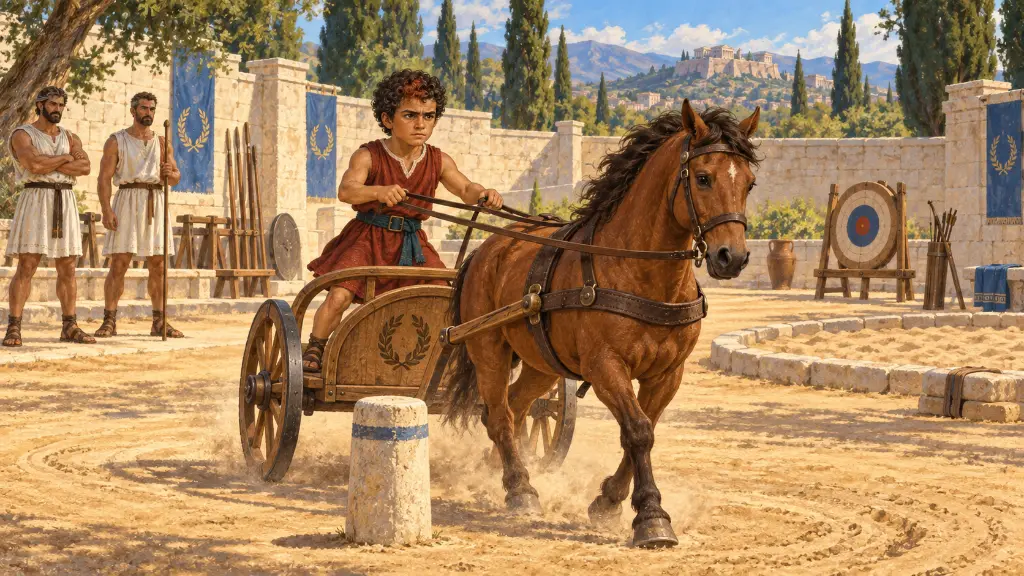 Ο μικρός Ηρακλής οδηγεί ένα αργό άρμα στην αυλή εξάσκησης