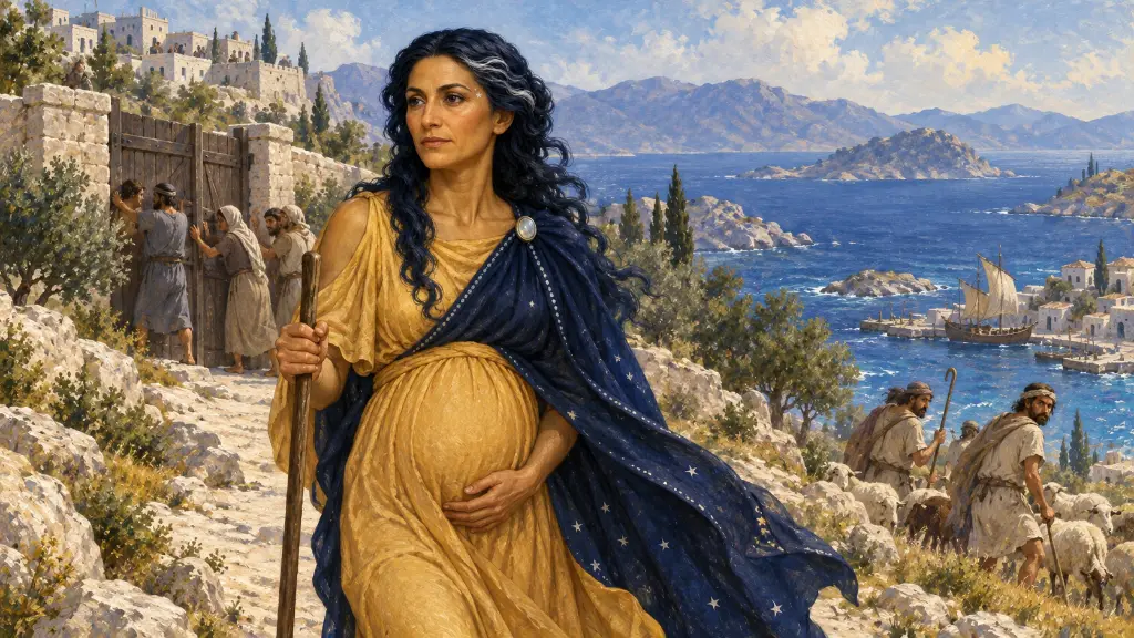 Η έγκυος Λητώ περπατά ενώ μια πόλη κλείνει την πύλη της.