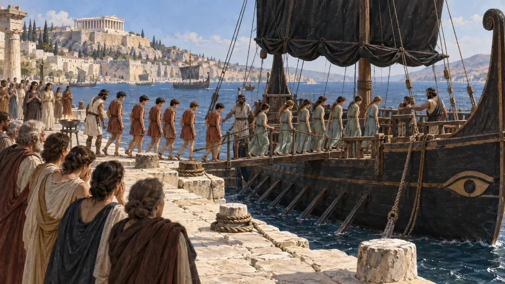 Δεκατέσσερις νέοι επιβιβάζονται σε καράβι με μαύρο πανί.