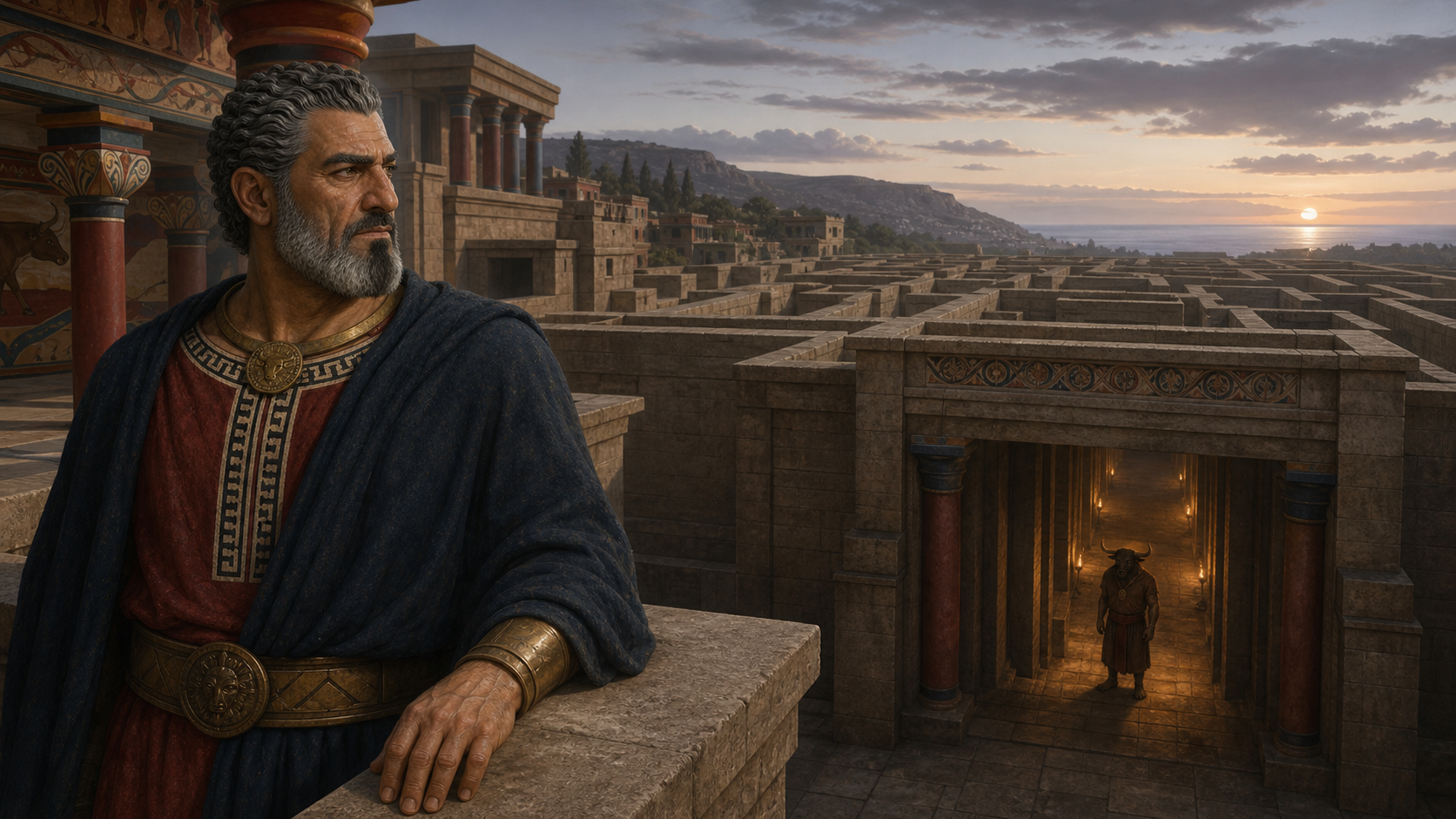 Ο Μίνωας κοιτάζει τον μεγάλο λαβύρινθο, ενώ ο Μινώταυρος φαίνεται πολύ μακριά στην είσοδο.
