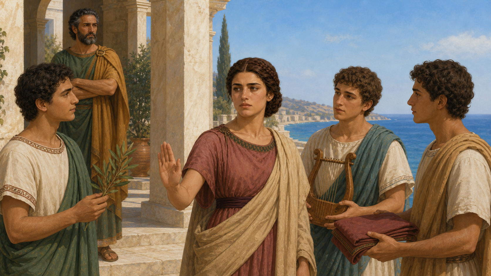 Η Μύρρα αρνείται ήρεμα τρεις μνηστήρες σε φωτεινή κυπριακή αυλή, ενώ ο Κινύρας παρακολουθεί.