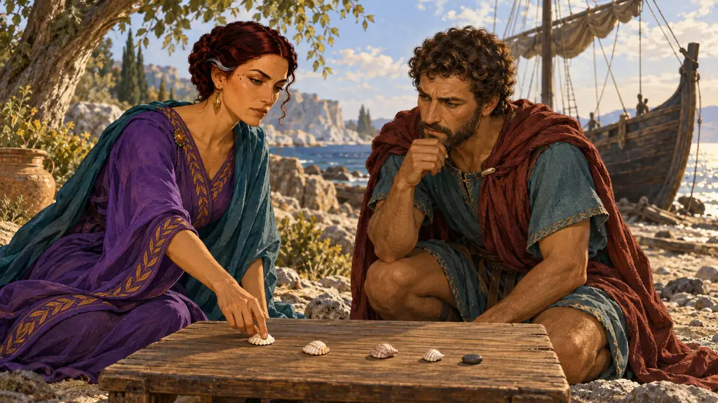 Η Κίρκη δείχνει στον Οδυσσέα μια δυτική θαλάσσια διαδρομή πάνω σε άγραφο ξύλινο χάρτη.