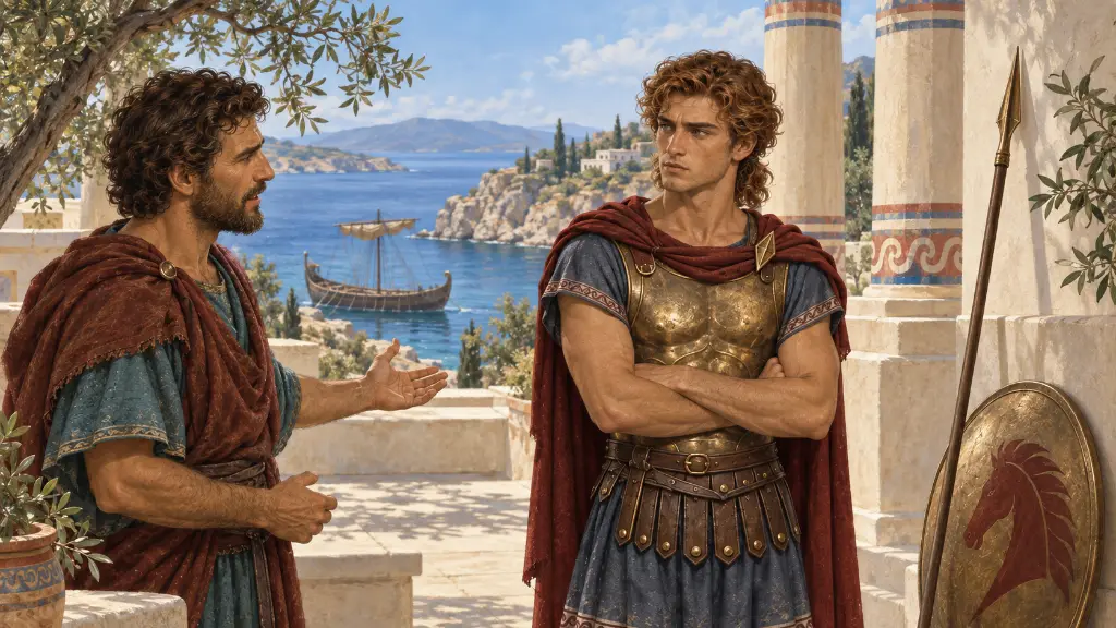 Ο νεαρός ενήλικος Νεοπτόλεμος στέκεται σε αυλή της Σκύρου, ενώ ο Οδυσσέας τού δείχνει ένα πλοίο που περιμένει στον όρμο.