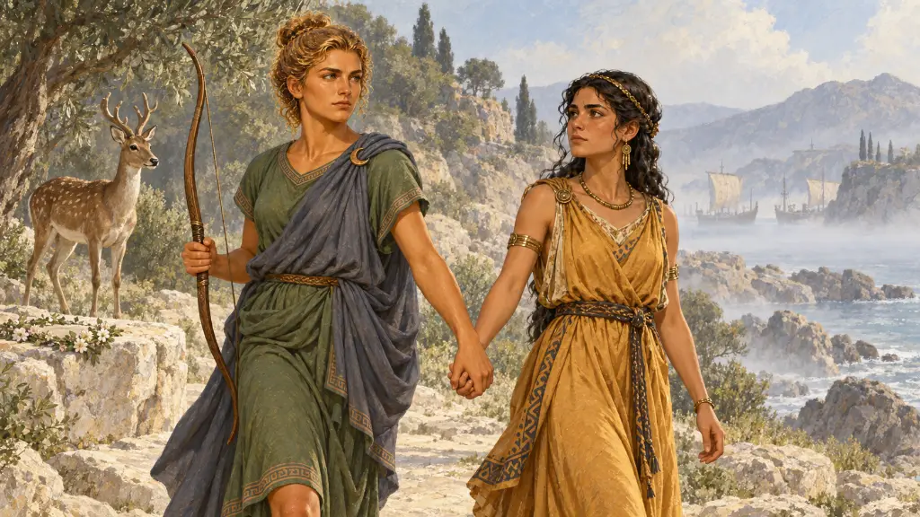 Η Άρτεμη οδηγεί την ασφαλή Ιφιγένεια μέσα σε ασημένιο φως, ενώ ένα ήρεμο ελάφι στέκεται στην άδεια ακτή.