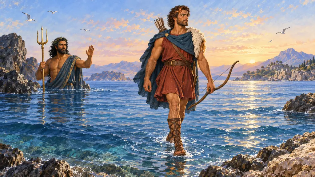 Ο Ωρίων περπατά πάνω στα νερά του Αιγαίου ενώ ο Ποσειδώνας τον παρακολουθεί.
