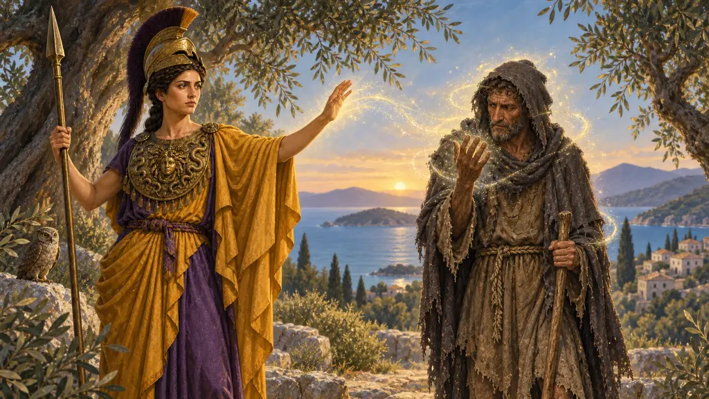 Η Αθηνά ολοκληρώνει τη μεταμόρφωση και ο Οδυσσέας κοιτά το αλλαγμένο χέρι του σε έναν ελαιώνα πάνω από την Ιθάκη.
