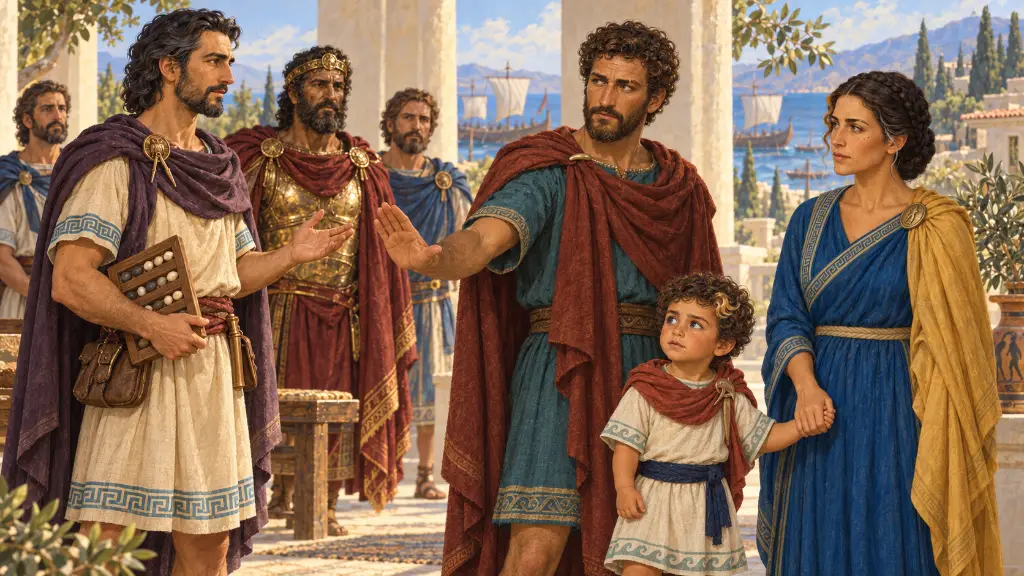 Ο Παλαμήδης και ο Αγαμέμνονας φτάνουν στην Ιθάκη, ενώ ο Οδυσσέας στέκεται κοντά στην Πηνελόπη και στον μικρό Τηλέμαχο.