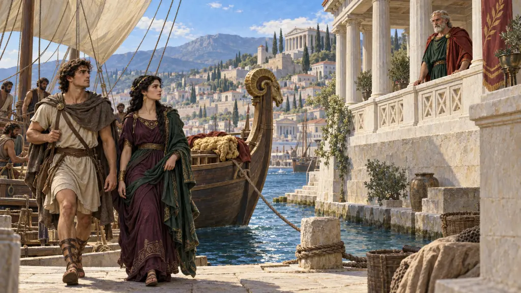 Ο Ιάσονας και η Μήδεια κατεβαίνουν ζωντανοί από την Αργώ, ενώ ο Πελίας τους παρακολουθεί από τη θαλάσσια στοά.