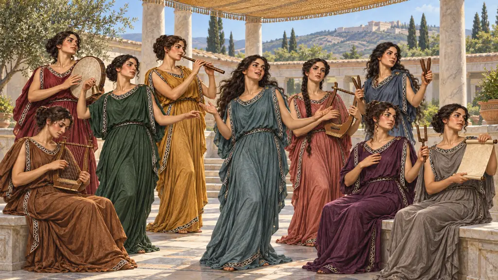 Οι εννιά Πιερίδες τραγουδούν μαζί σε αυλή της Πέλλας, καθεμία με διαφορετικό ένδυμα και μουσικό σύμβολο.