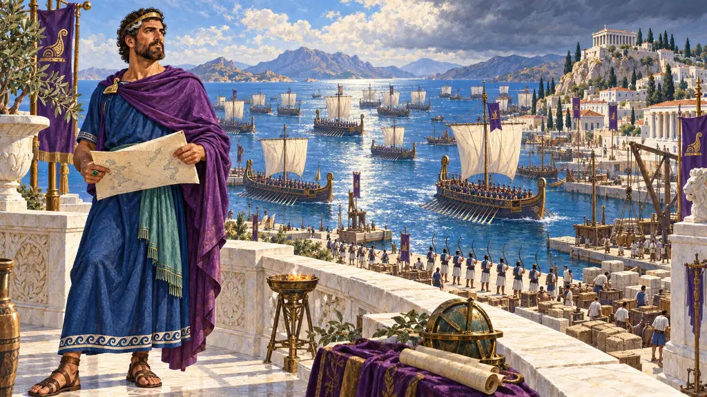 Ο Πολυκράτης κοιτά τον μεγάλο σαμιακό στόλο από ψηλή λευκή βεράντα πάνω από το λιμάνι.