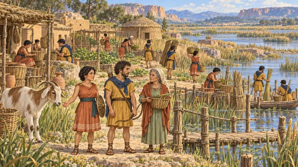 Τρεις μικρόσωμοι μυθικοί άνθρωποι στέκονται σε ένα μεγάλο χωριό δίπλα σε υγρότοπο