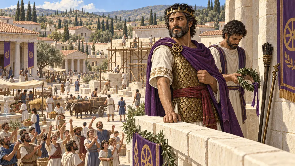 Ο Σαλμωνέας επιθεωρεί τη νέα πόλη του από ένα μπαλκόνι και παρατηρεί αν το πλήθος τον χειροκροτεί.