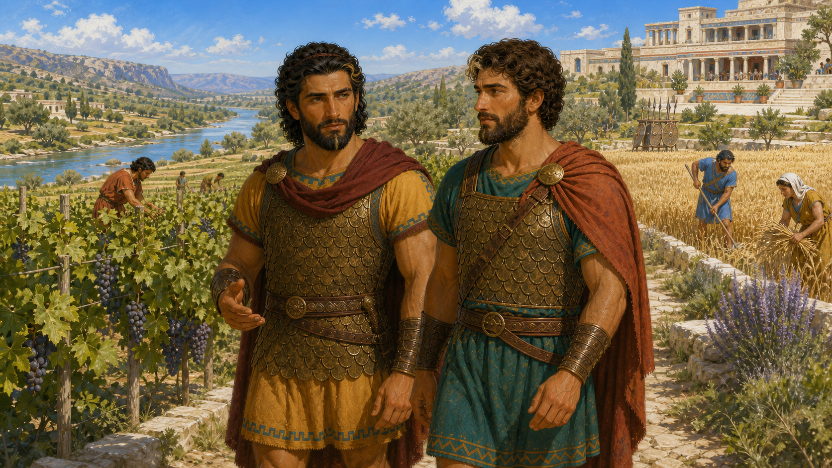 Ο Σαρπηδόνας και ο Λύκιος Γλαύκος περπατούν ανάμεσα σε αμπέλια και χωράφια δίπλα στον ποταμό Ξάνθο.