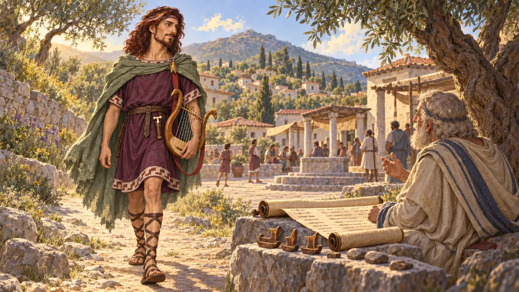 Ο Θάμυρις φτάνει με τη λύρα του στο μεσσηνιακό Δώριο, ενώ ένας ηλικιωμένος ραψωδός κάθεται δίπλα σε κατάλογο και μικρά ομοιώματα πλοίων.