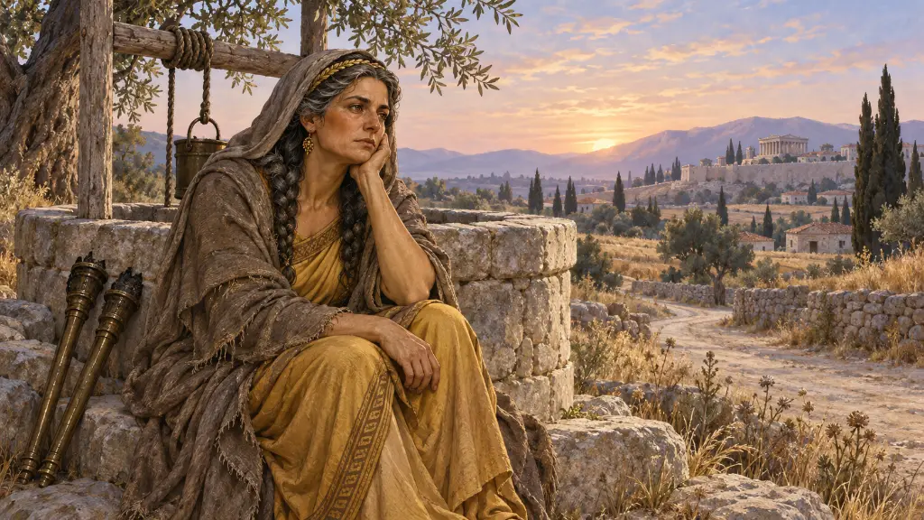 Η μεταμφιεσμένη Δήμητρα ξεκουράζεται δίπλα σε πηγάδι έξω από την αρχαία Ελευσίνα, κρατώντας σβησμένες δάδες.