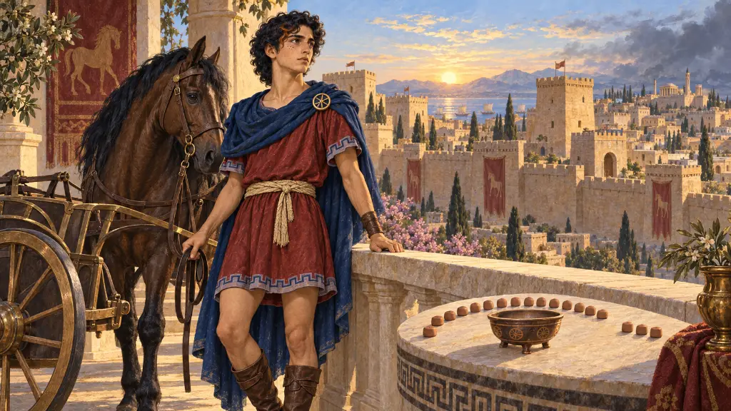Ο έφηβος Τρωίλος στέκεται με το άλογο και το άρμα του πάνω από την Τροία, δίπλα σε είκοσι συμβολικούς πήλινους δείκτες.