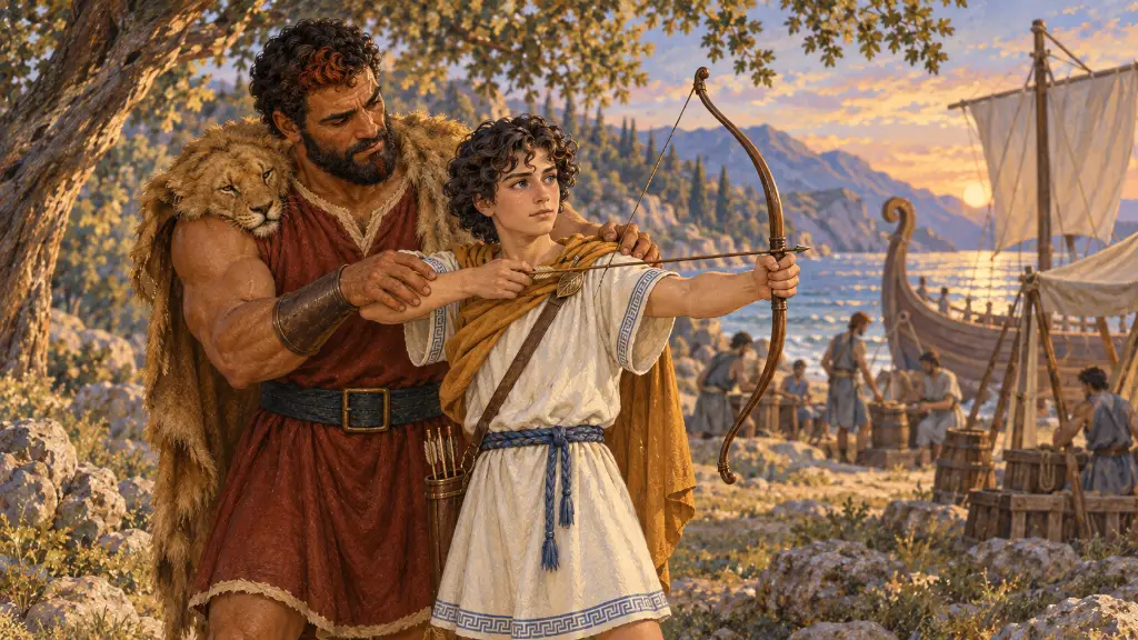 Ο Ηρακλής καθοδηγεί τον Ύλα καθώς εξασκείται με ένα μικρό τόξο κοντά στην Αργώ.