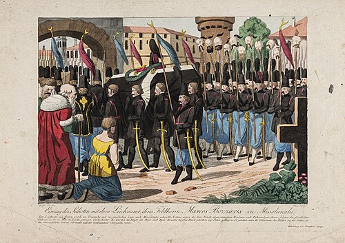 The Souliots bring the body of Markos Botsaris into Missolonghi, print, 1820s