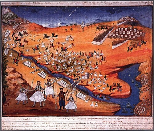 The battle at the bridge of Alamana and the death of Diakos (1821), Panagiotis Zographos for Makrygiannis