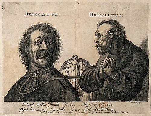 Democritus laughing and Heraclitus weeping, engraving by W. Hollar after Rembrandt