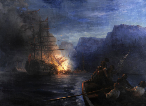 The burning of the Turkish flagship by Kanaris, Ivan Aivazovsky, 1881