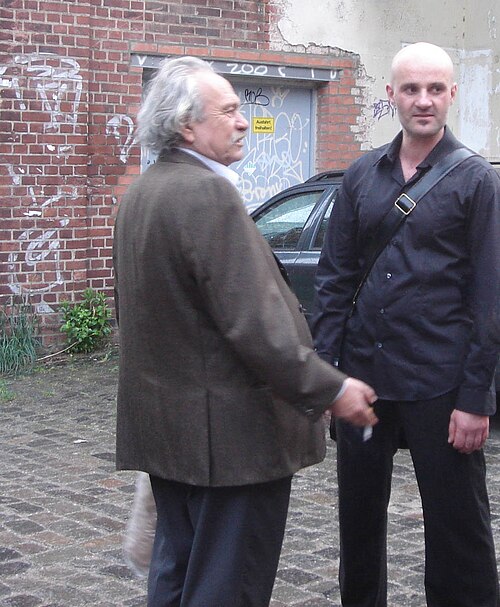 Kounellis (left) with the painter Aris Kalaizis at the Spinnerei, Leipzig, April 2009