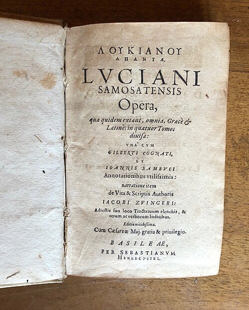 Lucian, Opera, title page of an early edition