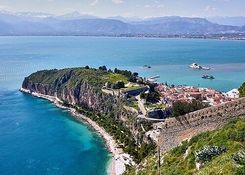 Ναύπλιο (Nafplio), his birthplace: the old town and Akronafplia seen from Palamidi